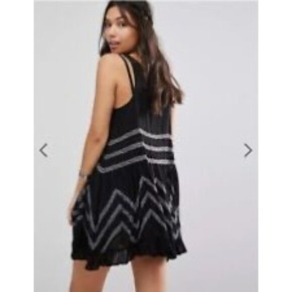 Free People Black Gray Tiered Ruffle Hem Voile & Lace Tiny Dots Mini Dress Tunic - Picture 9 of 16